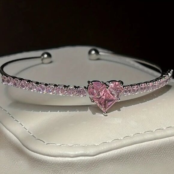 Jewelry | Pink Heart Rhinestones Open Bangle Silver Tone Bracelet ...